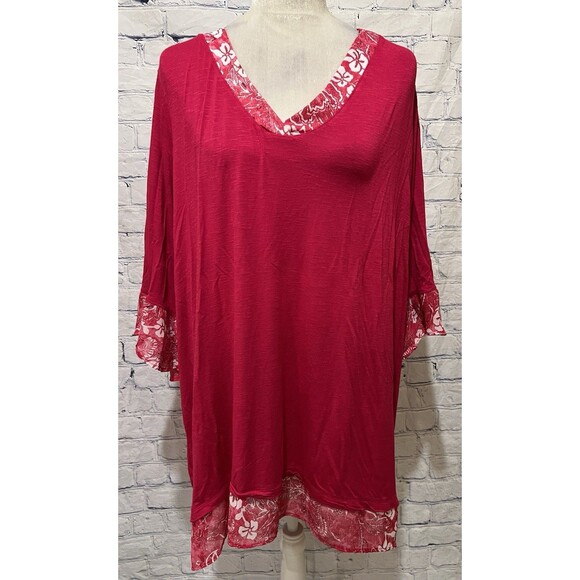 Catherine’s Long V Neck Pink Rayon Blend Floral Trim Tunic Top 2X 22/24 - Picture 3 of 9
